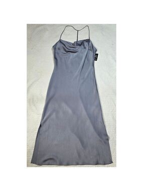 NWT Express Elegant Gray Satin Cowl Neck Spaghetti Strap Midi Dress